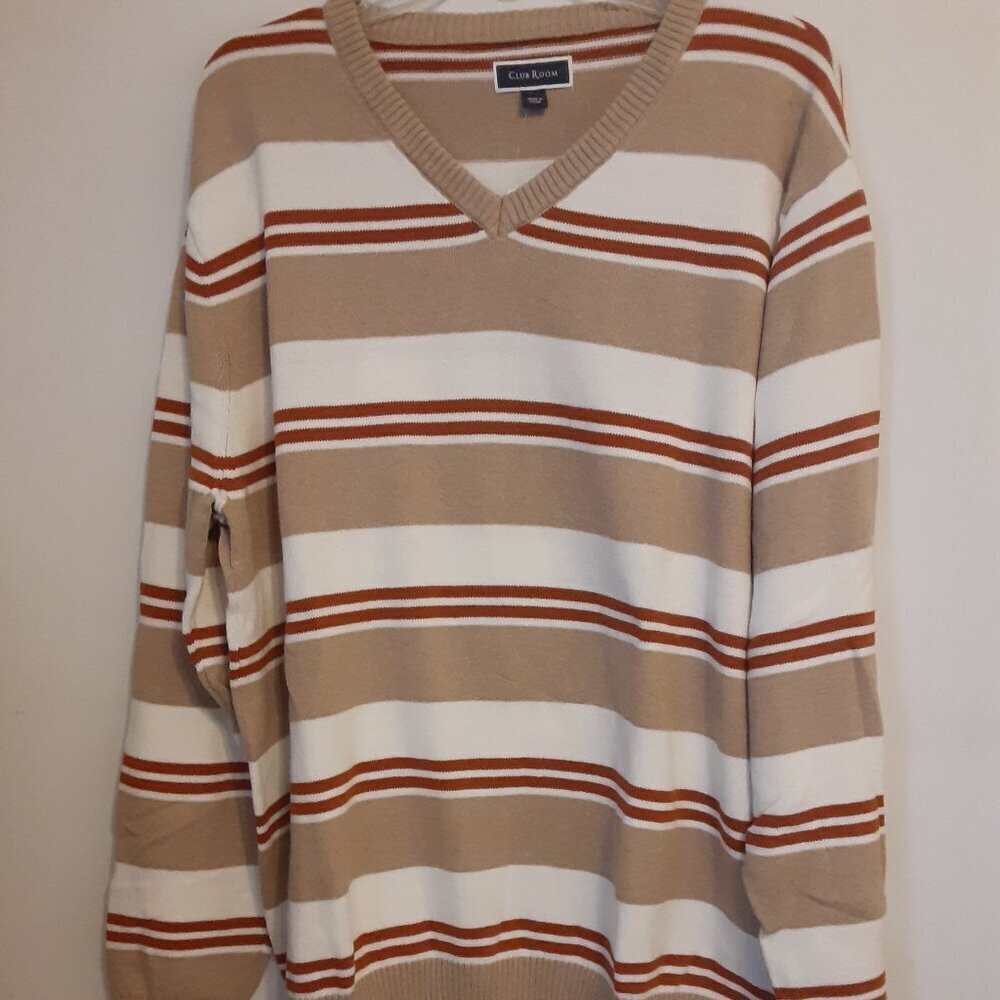 Men's Club Room (XXL) Beige/Rust/White Strip Long Sleeve V-Neck Sweater.